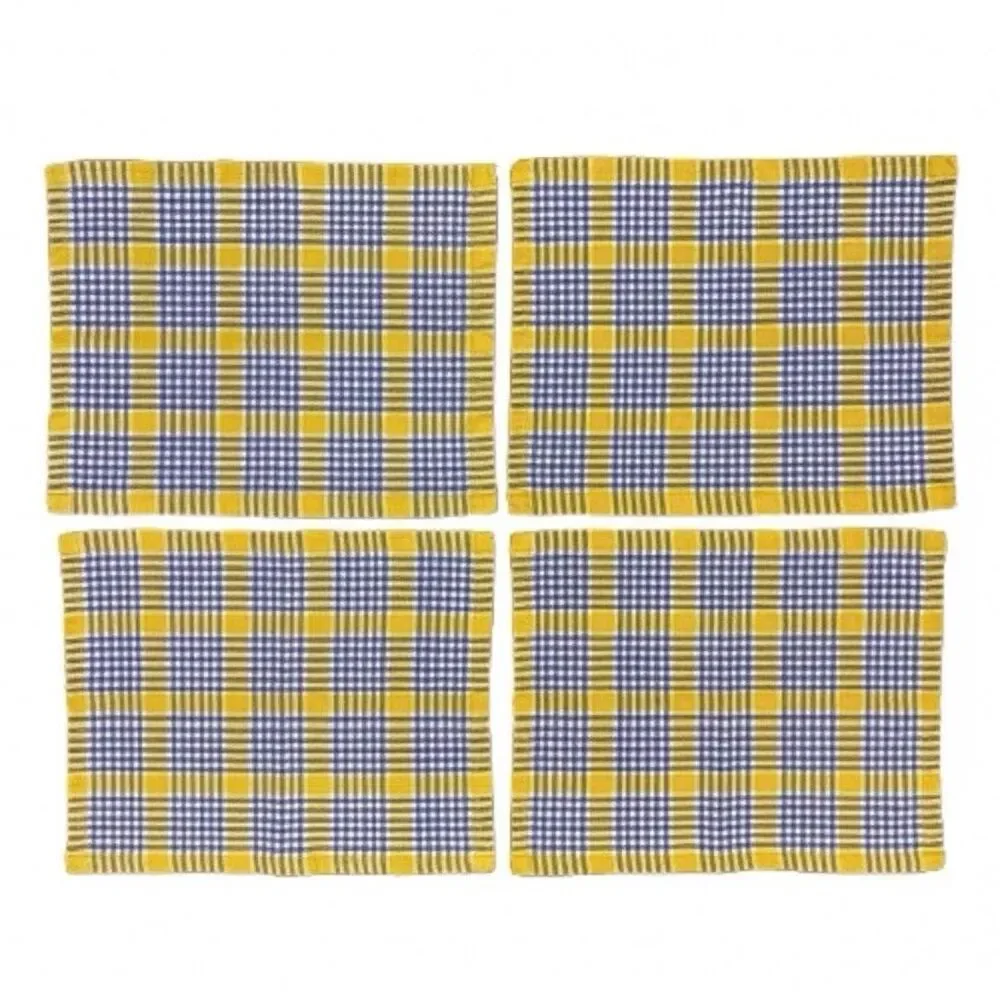 Set of 4 Vintage Woven Cotton Placemats Yellow Blue White Plaid Cottagecore MCM